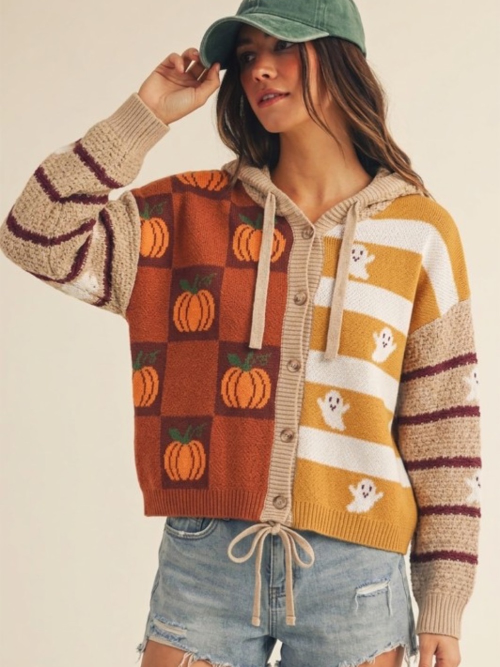 BF13- Pumpkin & Ghost Hooded Button Cardigan Sweater - Beige/Burnt Orange